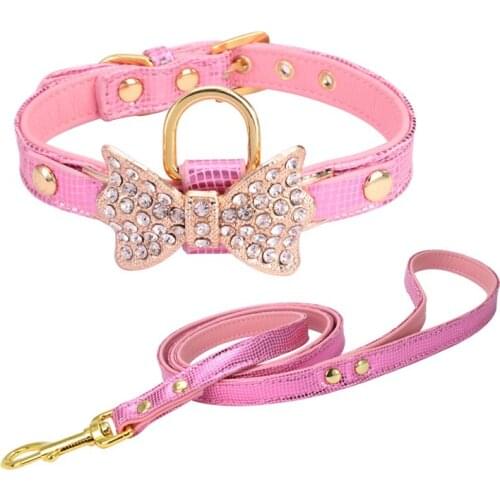 Bow Rhinestone PU Dog Collares Pet Supplies Artificial Diamond Bowknot Dog Leashes