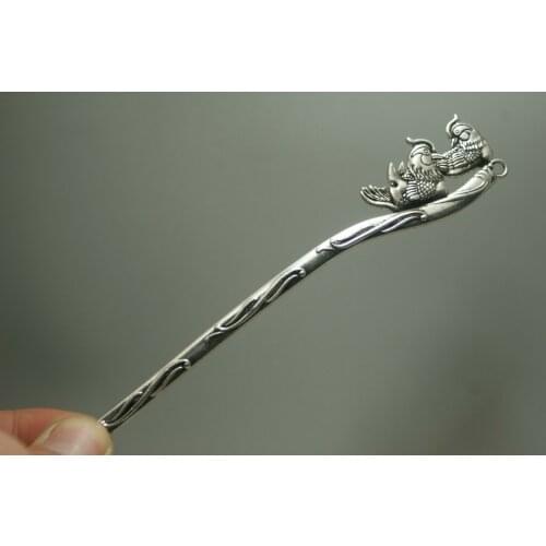 Exquisite Chinese Tibet Silver Carving Animal Mandarin Duck Women Hairpin Jewelry