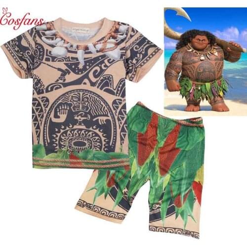 2pcs Summer childrens clothing suit Baby Moana Maui T-shirt childrens sports suit boys and girls Christmas gift of clothes
