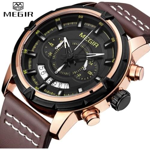 MEGIR Watch Luxury Brand Mens Sport Quartz Watches Leather Chronograph Wristwatch Men Date Waterproof Military Clock Man relogio