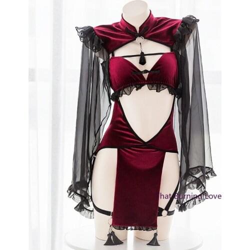Cute Evil Demon Cosplay Costumes Halloween Sexy Anime Lingerie for Women Dark Black Red Maid Temptation Lace Backless Dress