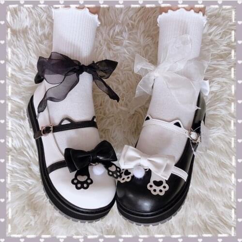 Sweet Girls Cosplay Lolita Shoes bow flat bottom JK shoes Anime Cat Paw Design Harujuku Kawaii Cute Women Jk Platform Shoes