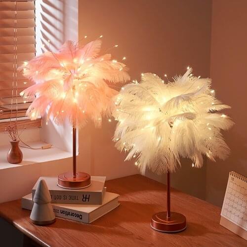 Ins Miniature Feather Lamp Girl Bedroom Bedside Lamp Warm Small Table Lamp Nordic Romantic Creative Wedding Marriage Room Decor