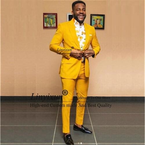Fashion Yellow Men Suit Slim Fit 3 Pieces (Jacket+Vest+Pants) Wedding Groom Tuxedos Formal Blazer Party Prom Costume Homme