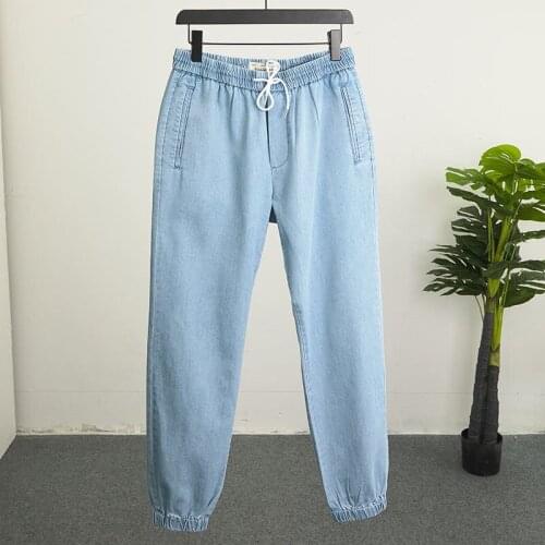 Men Cotton Baggy Denim Pants Breathable Full Length Elastic Wasit Drawstring Casual Jeans Trousers Streetwear Size M-XXL
