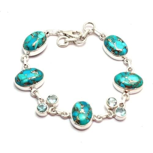 Genuine Blue Turquoise + Blue Topaz Bracelet 925 Sterling Silver, 18.5 cm, GRPB0496