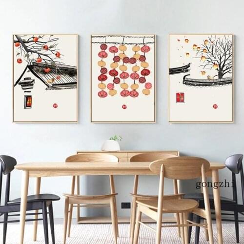 New Chinese Architectural Style Posters Persimmon Lantern Sky Lantern Canvas Painting Prints Wall Art Pictures Living Room Decor