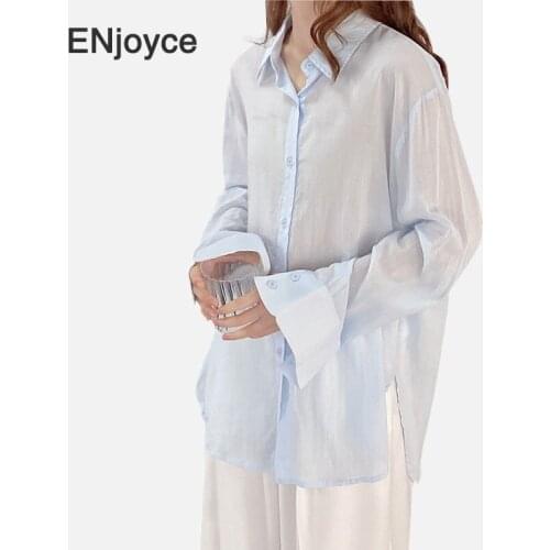 Autumn Thin Cotton Women Blouse Shirt Ladies Casual Loose Transparent Long Section Shirts Blue Tops Workwear