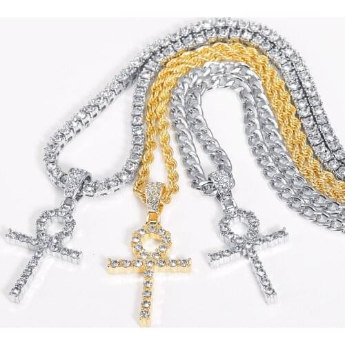 Silver Color Women Hip Hop Iced Out GoldColor Rhinestone Key Life Egypt Cross Pendant Tennis Chain Crystal Necklace Gifts