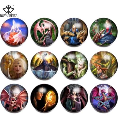 ROYALBEIER 12pcs/lot Man and Dragon Pattern Multi Color Charms Fit 18mm Glass Snap Button Jewelry Charm Women Jewelry KZ0829