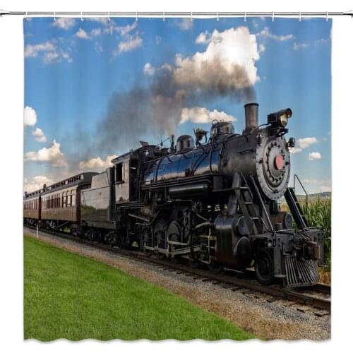 Retro Train Shower Curtain Steam Engine Outdoor Scenery Bathroom Decor Waterproof Polyester Cloth Bath Curtains With Hooks Cheap