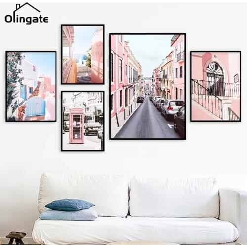Nordic Pink Architecture Telephone Canvas Painting Greek City Wall Posters and Prints One Piece Canvas Picture Home Decoration