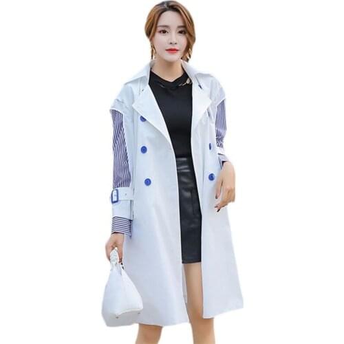 Windbreaker female medium length 2020 New Spring autumn fashionable women’s Korean Fake two pieces Large size Chic coat