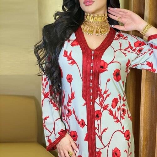 Vintage Floral Print Maxi Dress Women V Neck Long Sleeve Loose Indie Folk Turkey Muslim Arabic Elegant Lady Islamic Clothing