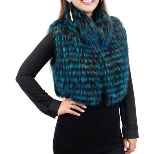 Teal Green Dyed Fox Fur Cropped Vest Women Fashion Fur Gilet Autumn Winter Stand Collar Waistcoat Free Shipping