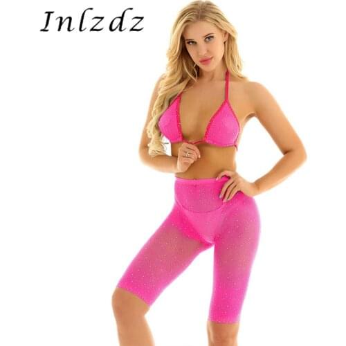 Women Sparkle Glitter Fishnet Mesh Sheer See Through Lingerie Halter Neck Bra Top with Shorts Swimwear Beach Bathing Suits Set