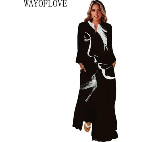 WAYOFLOVE Black Dress Women Autumn Winter Elegant Casual Long Sleeve Loose Long Dresses Woman Party Face Print Maxi Dress Women