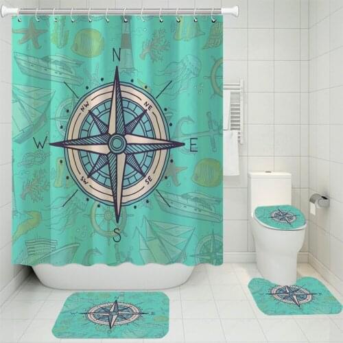 3/4 Pieces Nautical Artifact 3D Printed Shower Curtains Sets Circle Compass Carpet Marine Life For Bathroom Set Toilet Mat