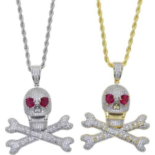 2021 Hip Hop Iced out Full Crystal Zircon Pave Skull Pendant Necklace with Long Rope Chain For Men Boy Friend Punk party Jewelry