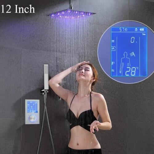 Digital Display Shower Mixer Thermostatic Shower Set LED Illuminate Rainfall Shower Head 12 Inch Install In Wall With Hand Spray
