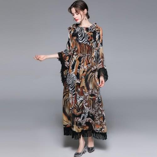 Fashion Vacation Style Robe Plus Size Maxi Dress Women Big Flare Sleeve Tiger Leopard Printed Tassels Loose Long Dress k8670