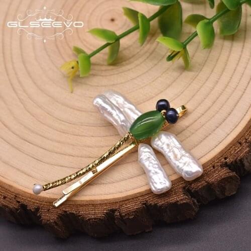 GLSEEVO Natural Freshwater Baroque Pearl Hairpin Girls Cute Green Agate Dragonfly Style China Air Express Jewelry 2020 GH0023