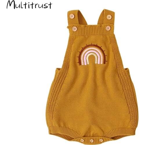 2020 Baby Summer Clothing Infant Baby Girls Sleeveless Jumpsuit Knitted Playsuits Embroidered Rainbow Pattern Basic Bodysuit