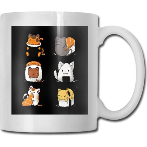 Kitten Sushi Men Kawaii Tops Summer Harajuku Students Cute Clothing Cotton Tees Plus Size Black Mug Cup