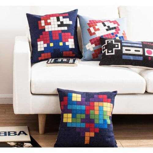 Colorful Heart Geometry Plaid Patchwork Cotton Linen Throw Pillow Case Cushion Cover Cartoon Mario Home Decor 45x45cm Cojines