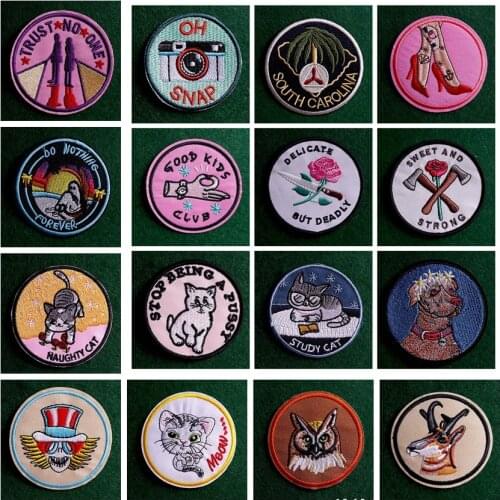 Round Cartoon Animals Embroidery Patch Iron On Patches for Clothing Stickers Applique for Jacket Badges DIY Clothing Accessories