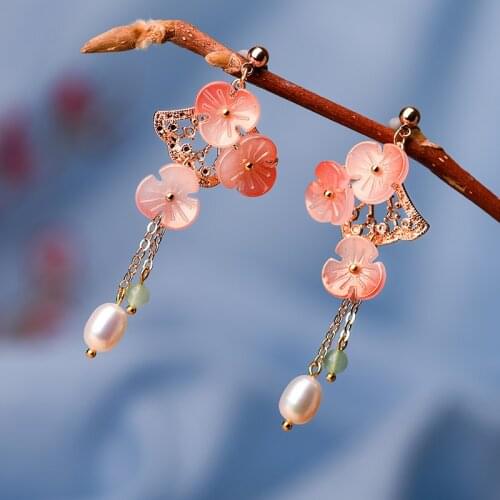 Fashion Ethnic Flower Freshwater pearl earrings,vintage Long Natural stone Earrings for Womens Wholesale Jewelry