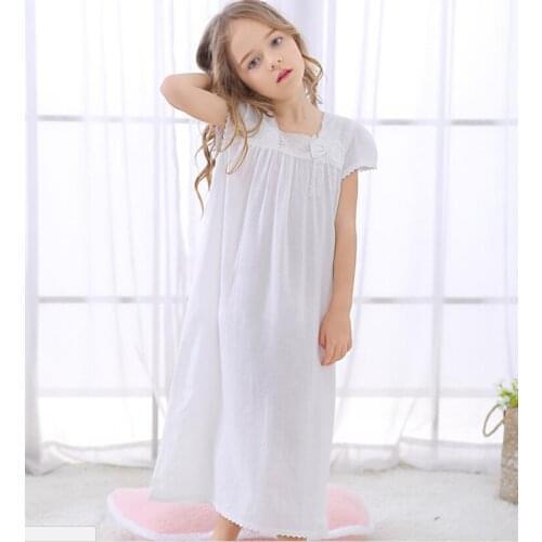 Girls Nightgown Summer White Cotton Sleepwear Lace Bow Girls Nightdress Sweet Toddler Nightgown 3-8 Year Clothes