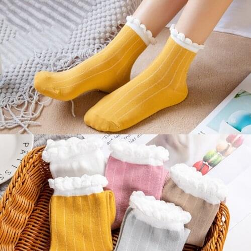 Lace Ruffles Sweet Pure Color Cotton Women Ladies Socks Lovely Ruffled Edge Comfortable and breathable High Quality girl Socks