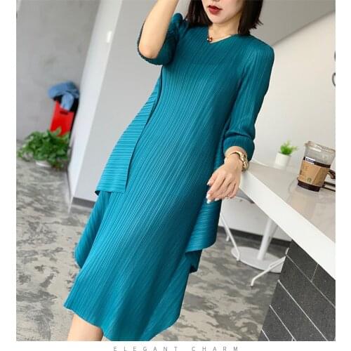HOT SELLING Miyake style miyake pleated v-neck one-piece dress irregular slanting three quarter sleeve dress IN STOCK