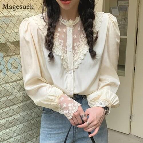 Vintage Lantern Sleeve Top Blouses Women Casual Loose Chiffon Blouse Shirts New Spring Lace Floral Shirt Tops Female Blusas12958