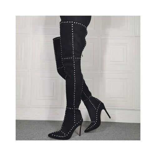 Large Size 47 New Sexy Studded Runway Long Boots Women Dress Shoes Pointy Spike Heel Overknee Suede Boots Rivets Leather Booties
