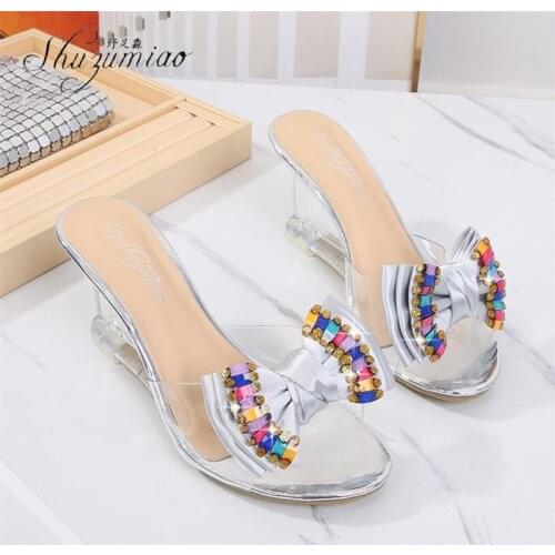 SHUZUMIAO Women High Heels Slippers Bowknot Design Glitter Bling Wedges Sandals Sexy Peep Toe Women Nightclub Party Wedding Shoe