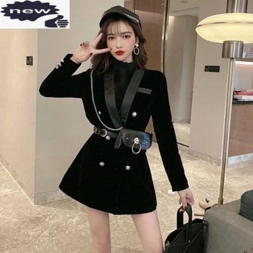 New Office Ladies Elegant Double Breasted Suit Mid Length Classic Black Velvet Blazers Women Fashion Design Long Blazer Jackets