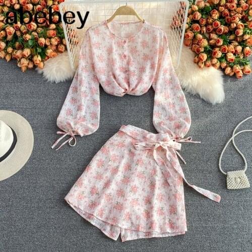 2021 New Spring Autumn Sweet O-neck long sleeve single breasted Print Top + high waist bandage Wide Leg Shorts Skirt 2-piece set