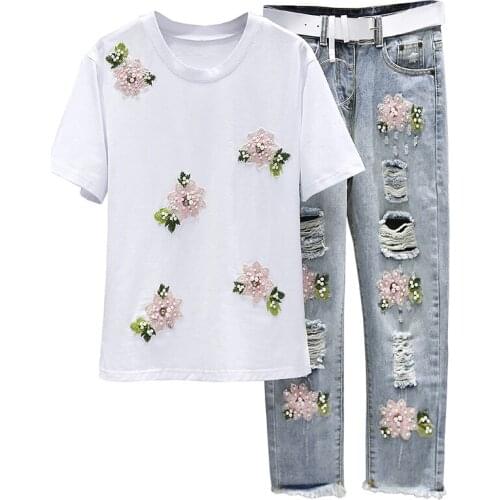 2020 New Summer 2 Piece Set Women Heavy Work Embroidery Flower Tshirts + Hole Jeans 2pcs Clothes Sets Casual Suits Outfits AH164