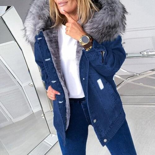 Winter Denim Jackets Womens Coat Casual Long Sleeve Faux Fur Hooded Jeans Jacket For Women Plush Denim Coat jaqueta feminina