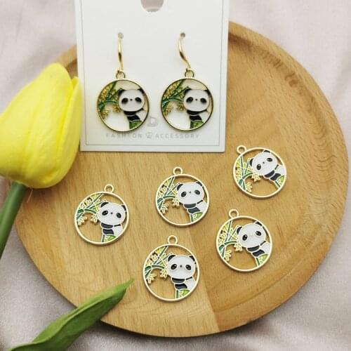 10pcs/bag Cute Panda Enamel Charms Bamboo Panda Pendants Charms For Jewelry DIY Accessories Round Golden Base Metal Pendants