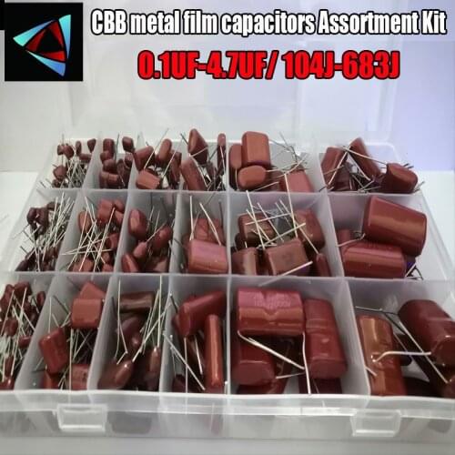 24 Values 344Pcs 63V 100V 250V 400V 450V 1250V 2000V 3000V 0.1UF-4.7UF 104J-683J CBB Metal Film Capacitors Assortment Kit