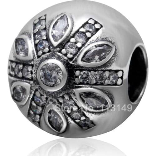 White Zircon Micro Pave Snowflake Pattern Round Big Hole 925 Sterling Silver Beads Fit European Charm Bracelet Necklace SZPB226