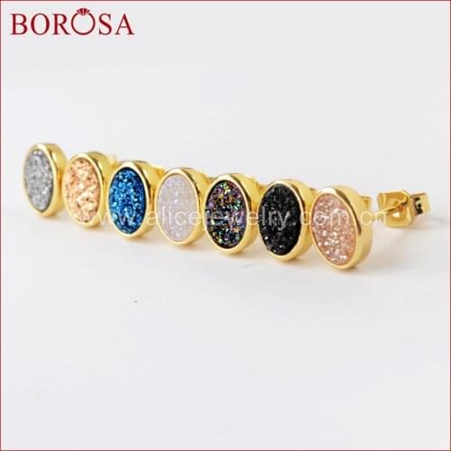 BOROSA 5/10Pairs Oval Shape Gold Color Bezel Rainbow Titanium Druzy Stud Earrings Drusy Earring Jewelry for Women ZG0278