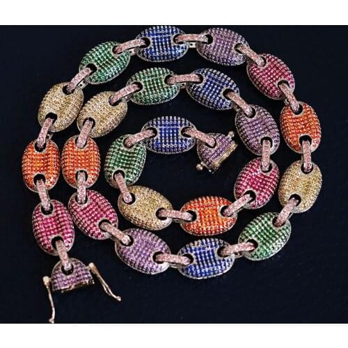 D&Z 12MM Gold Color Bling CZ Coffee Bean Link Chain Necklace Charm Solid Iced Out Chain Necklaces For Men Rock Hip Hop Jewelry