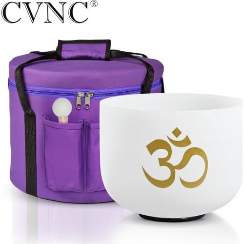 CVNC 8 Inch Frosted Quartz Crystal Singing Bowl with OM Design 440Hz or 432Hz CDEFGAB Any One Note with Free Traveling Bag