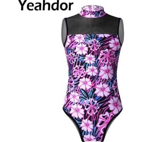 2021 Kids Girls One-Piece Print Bodysuit Sleeveless Cutout Back Soft Mesh Patchwork Dance Jumpsuit for Gymnastics Ballet Dance