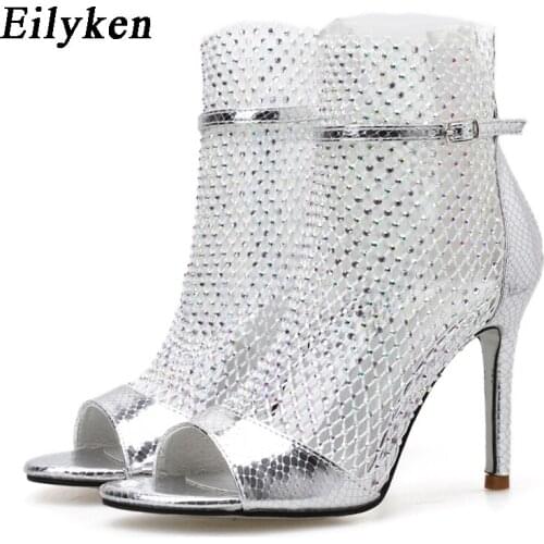 Eilyken 2021 Summer Fashion Color Diamonds Mesh Breathable Ankle Buckle Strap Thin Heel Boots Sandals Sexy Peep Toe Zip Shoes