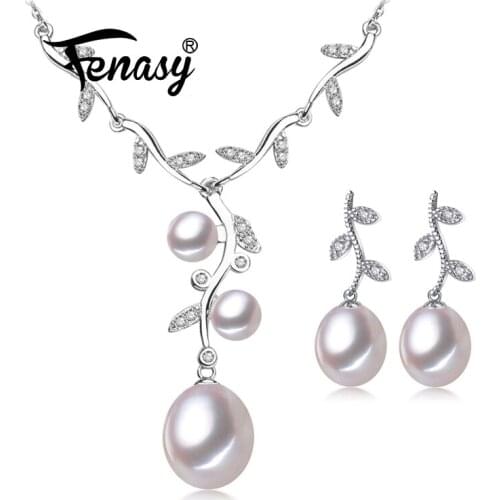 FENASY Natural Freshwater Pearl Jewelry Sets 925 Sterling Silver Necklace For Women Wedding Jewelry sets With Leaf Drop Earrings